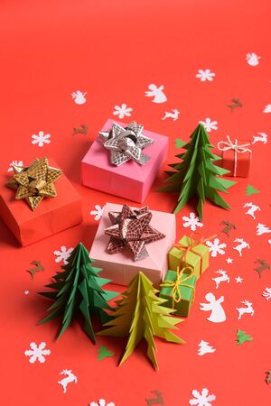 Christmas or New Year background, plain composition made of Xmas decorations and fir branches, flat lay, blank space for a greeting text.の写真素材