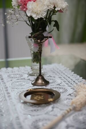 Christian detaill - traditional polish parents marriage blessing to Bride and Groom before wedding.の写真素材