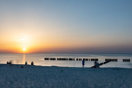 A photograph of wooden breakwater and seagulls at sunset on the Baltic Seaの写真素材