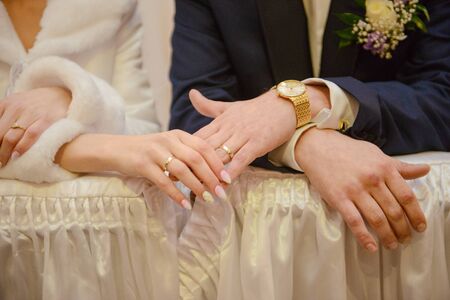 Beautiful two golden wedding rings. Made of highest quality materialの写真素材