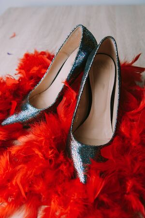 Black high heel women shoes isolated on wooden tableの写真素材