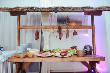 traditional polish rural table with food at the wedding.