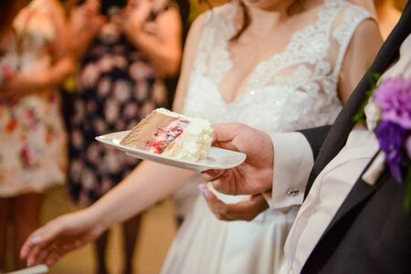 Delicious Wedding Cake at the party. Smoke and fire effectsの写真素材