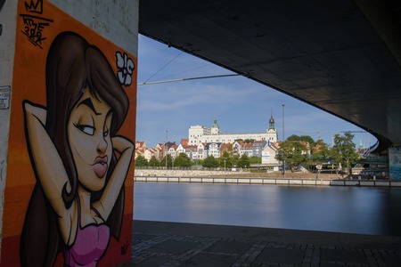Cityscape with Odra river. Szczecin historical city with architectural layout similar to Paris. Castle of Pomeranian dukes in Szczecin and Basilica of Saint Jamesのeditorial素材