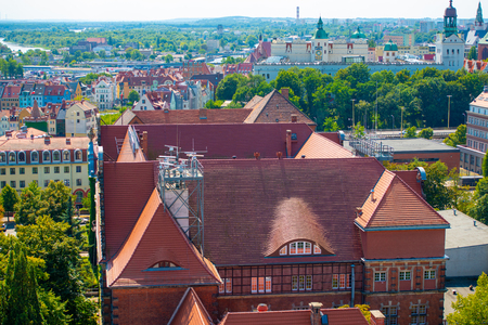 Cityscape with Odra river. Szczecin historical city with architectural layout similar to Paris. Castle of Pomeranian dukes in Szczecin and Basilica of Saint Jamesのeditorial素材