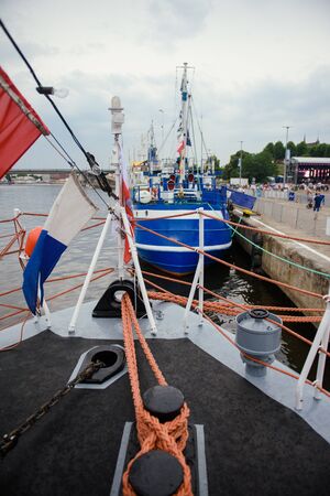 Moored sailing ships in Szczecin at The Chrobry Embankment areaの写真素材