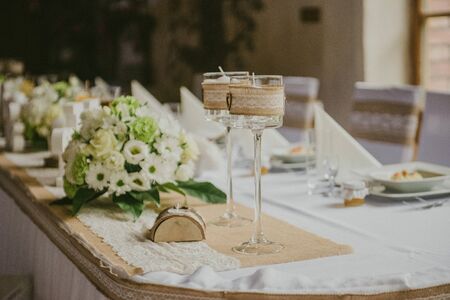 Beautifully decorated wedding table and other details at wedding hall. Wedding dayの写真素材