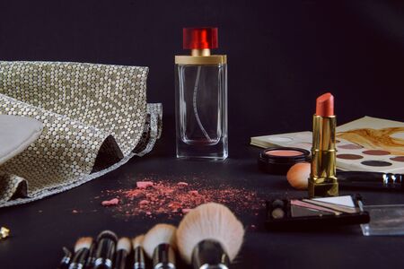 close up of a make up powder and a brush. makeup brush with powder foundationの写真素材