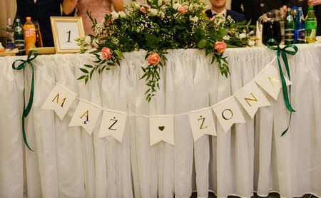 Beautifully decorated wedding table and other details at wedding hall. Wedding dayの写真素材
