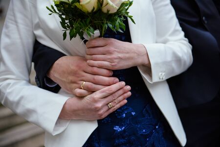 Beautiful two golden wedding rings. Made of highest quality materialの写真素材