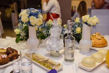 traditional polish rural table with food at the wedding.の写真素材