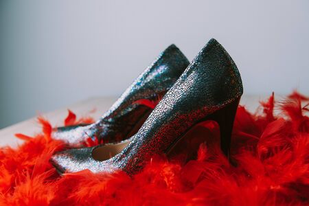 Black high heel women shoes isolated on wooden tableの写真素材