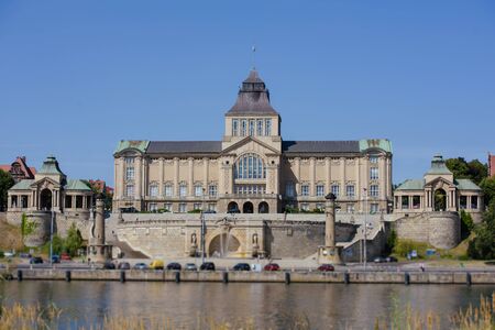 Left bank of the Oder river in Szczecin with the maritime museum and the terracesのeditorial素材