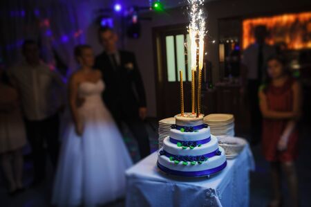 Delicious Wedding Cake at the party. Smoke and fire effectsの写真素材