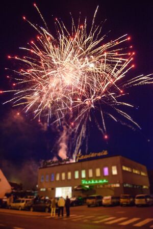 Wedding couple and fireworks, Bride, groom and wedding guests watching fireworks displayの写真素材