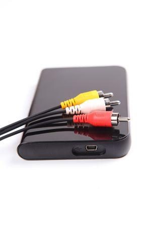 Portable external HDD hard disk drive with  tv av plugs over white.