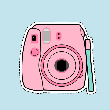 Vintage pink camera and pencil. Vector illustration in cartoon style.のイラスト素材