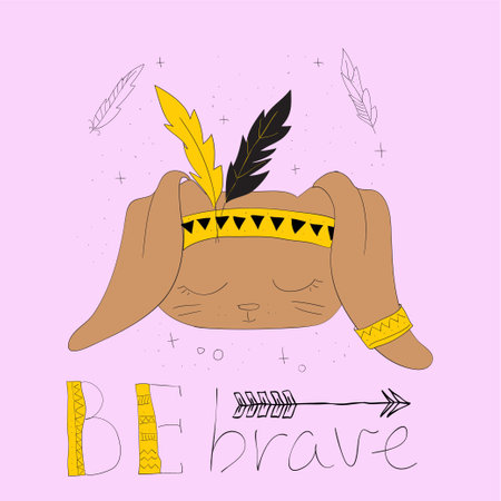 Hand drawn vector abstract fun cartoon graphic illustration with tribal boho animal head in feather hat isolated on pink backgroundのイラスト素材