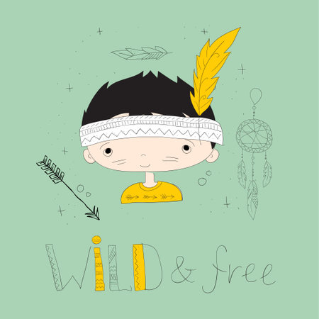 Hand drawn vector illustration of a boy with feathers and dreamcatcherのイラスト素材