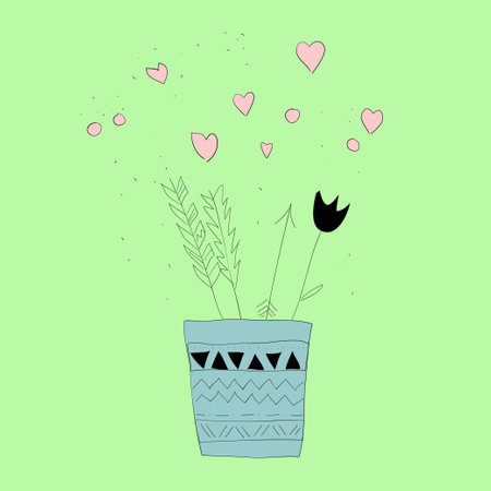 Vector illustration of a vase with flowers and hearts on a green backgroundのイラスト素材