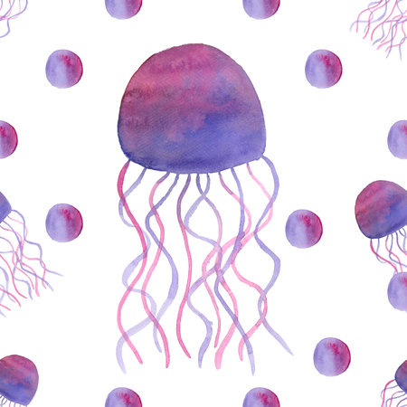 Seamless pattern with watercolor jellyfish. Hand drawn illustration.の写真素材