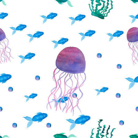 Seamless pattern with jellyfish and seaweeds. Watercolor illustration.の写真素材
