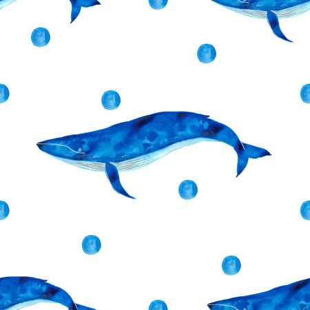 Seamless pattern with blue whales and bubbles on white background.の写真素材