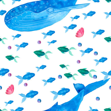 Seamless pattern with blue whales and fishes. Watercolor illustration.の写真素材