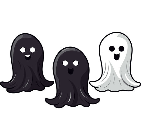 Illustration of a Set of Black Ghost Mascot Characters on White Backgroundのイラスト素材