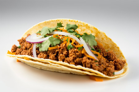 Traditional mexican tacos with meat and vegetables on white background.の素材