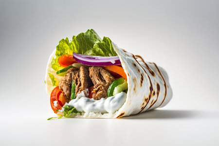 Doner kebab with vegetables and sauce on a white backgroundの素材