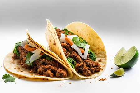Tacos with meat and vegetables on a white background. Mexican cuisine.の素材
