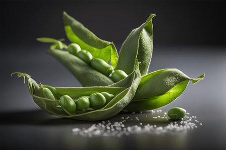 Fresh green peas with leaves on a black background. Close up.の素材