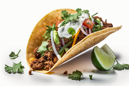 Tacos with meat, vegetables and cilantro on white backgroundの素材