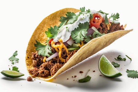 Mexican tacos with beef, cheese and cilantro on white backgroundの素材