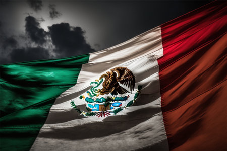 Waving Mexico Flag against dark sky with clouds. 3D illustration.の素材