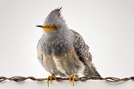 Cuckoo sitting on a barbed wire isolated on white backgroundの素材