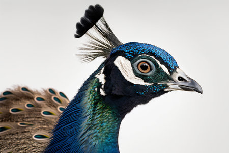 Portrait of beautiful peacock with feathers out, isolated on white backgroundの素材