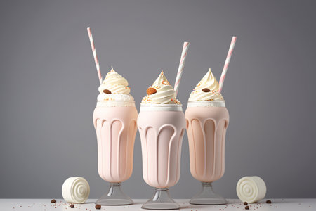 Three milkshakes with whipped cream, chocolate and marshmallows on a gray backgroundの素材