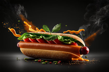 Hot dog with flying ingredients and smoke on black background. 3d renderingの素材