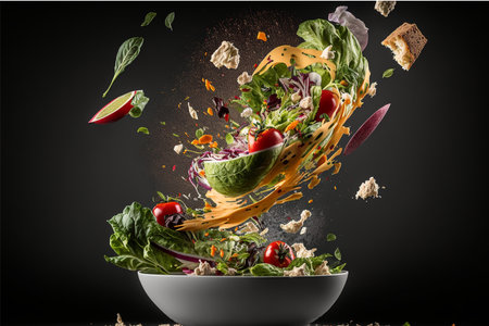 Fresh vegetable salad in bowl with flying ingredients on black background. Mixed mediaの素材