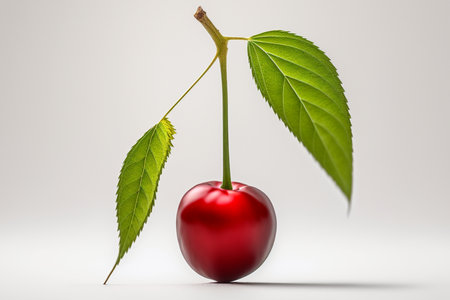 Cherry with leaf on a white background. 3D illustration.の素材