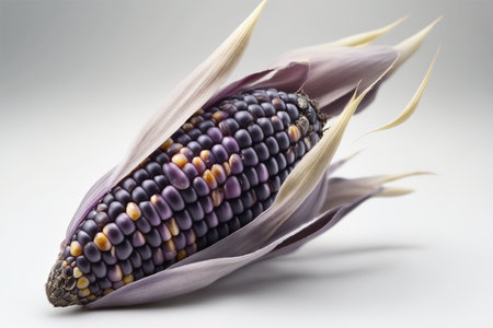 Close up of a purple corn on a white background. Studio shot.の素材