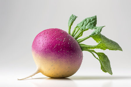 Radish with green leaves on a white background, close-upの素材