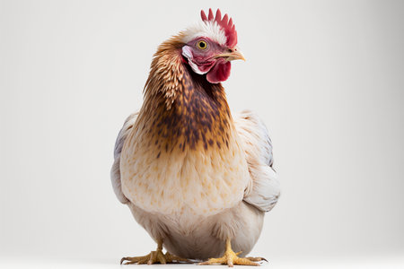 White and brown hen isolated on a white background. Studio shot.の素材