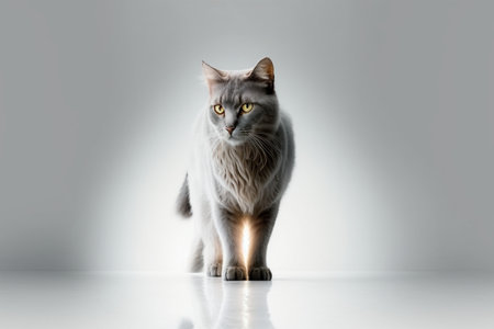 Beautiful british cat standing on gray background with reflection.の素材