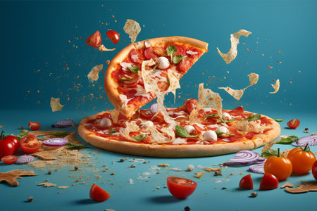 Pizza with flying ingredients on blue background. Creative food concept.の素材