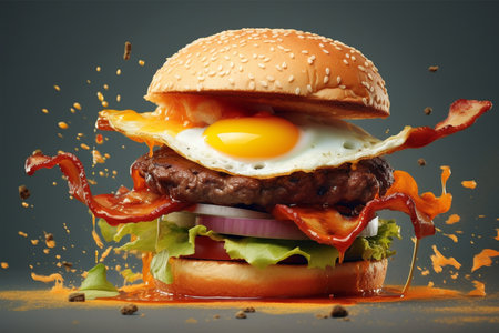 burger with fried egg and vegetables on a dark background with splashesの素材