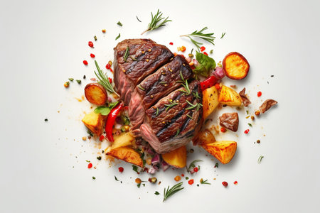 Steak with potatoes and rosemary on white background, top viewの素材