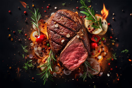 Grilled beef steak with spices and vegetables on a black background.の素材